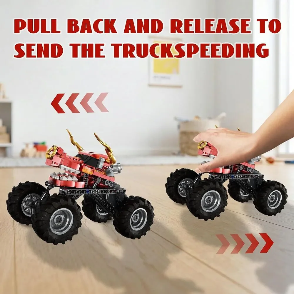 Red Dragon Monster Truck 2-in-1 Building Block Set Pull-Back STEM Toy Ages 8+